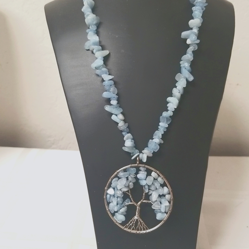 AQUAMARINE Price Drop MARCH B.S. Tree of Life Pendant W/chip bead strand. J#16